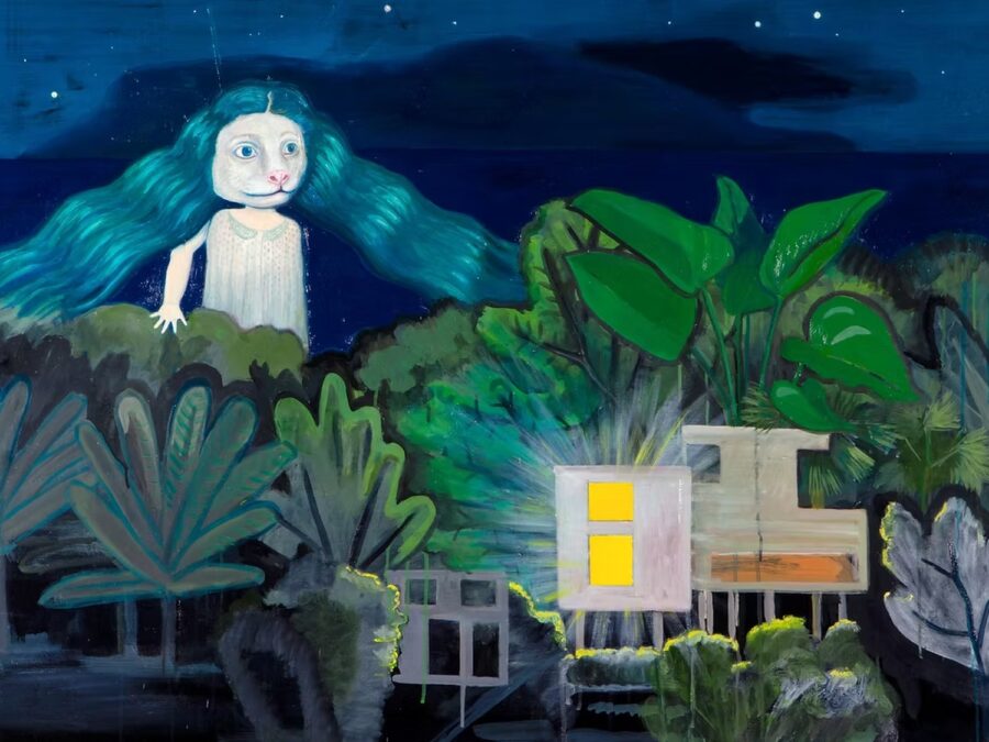 Painting »The Nightly Walk« by Banu Birecikligil: an intermediate creature with turquoise hair over a nocturnal garden