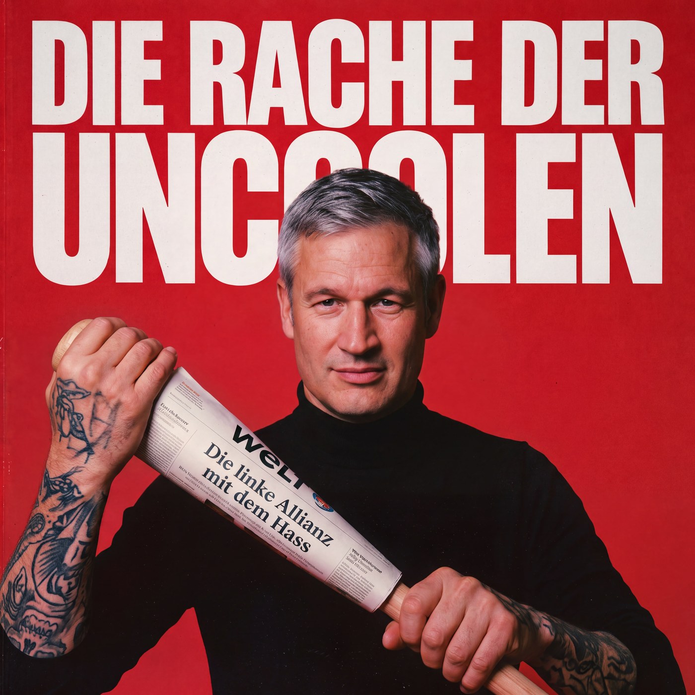 Satirische KI-Montage im Stil eines Magazincovers: Ulf Poschardt im schwarzen Rollkragenpullover mit tätowierten Unterarmen hält einen Baseballschläger, um den eine Welt-Ausgabe mit der Schlagzeile »Die linke Allianz mit dem Hass« gewickelt ist; darüber der Schriftzug »Die Rache der Uncoolen«
