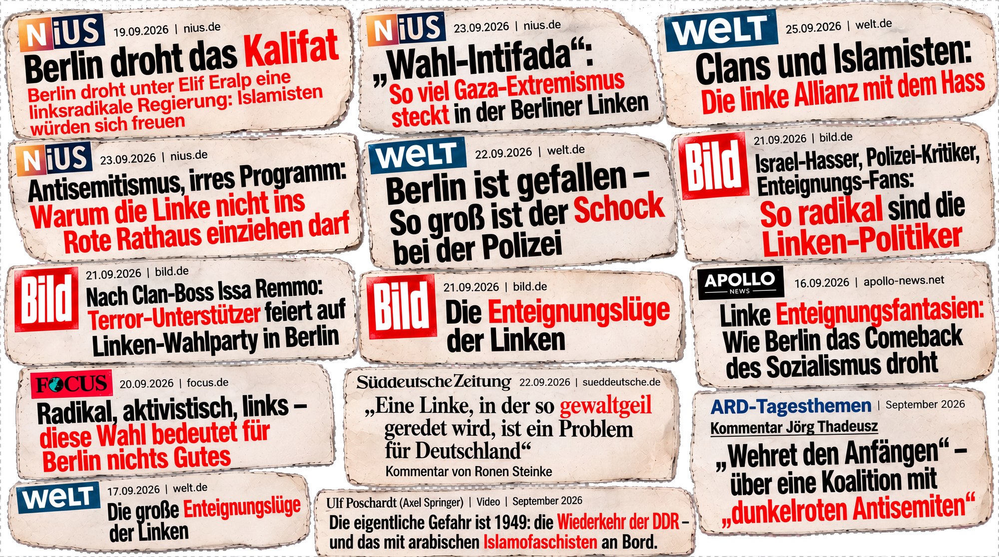 Collage aus Schlagzeilen von Nius, Welt, Bild, Apollo News, Focus, Süddeutscher Zeitung, ARD-Tagesthemen und Ulf Poschardt zur Berliner Linken, unter anderem »Berlin droht das Kalifat«, »Clans und Islamisten: Die linke Allianz mit dem Hass« und »Berlin ist gefallen«