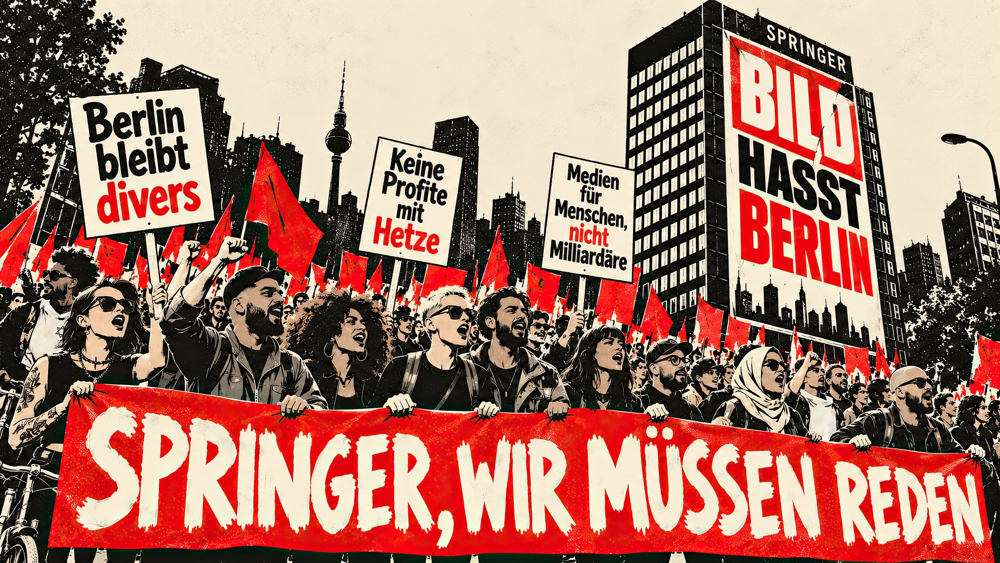 Illustration im Stil eines Siebdruckplakats: Demonstrierende mit roten Fahnen vor dem Springer-Hochhaus in Berlin, vorn das Transparent »Springer, wir müssen reden«