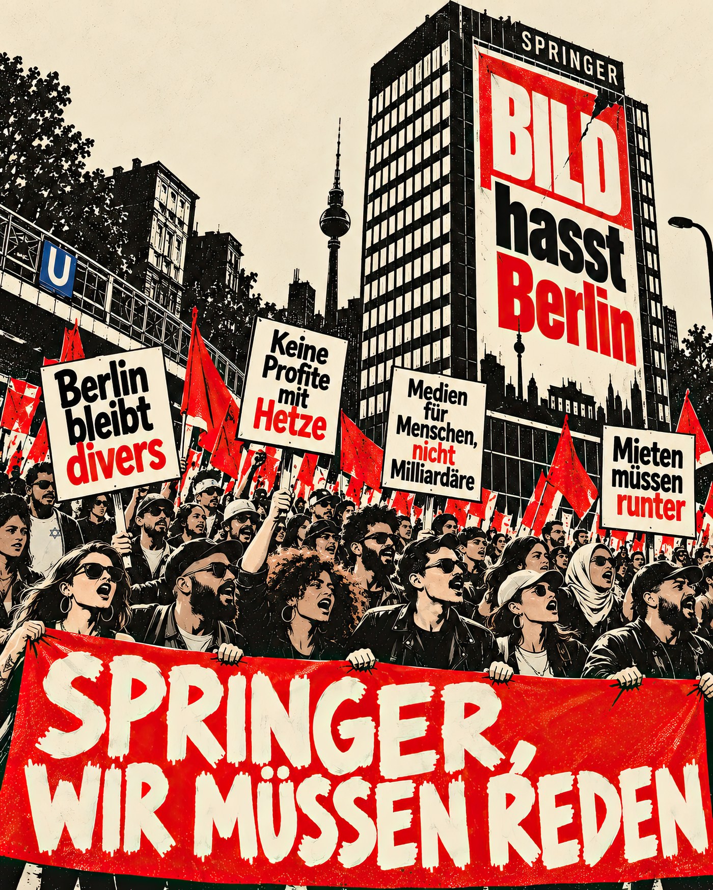 Illustration im Stil eines Siebdruckplakats: Demonstrierende mit roten Fahnen vor dem Springer-Hochhaus in Berlin, vorn das Transparent »Springer, wir müssen reden«, an der Fassade die Aufschrift »BILD hasst Berlin«